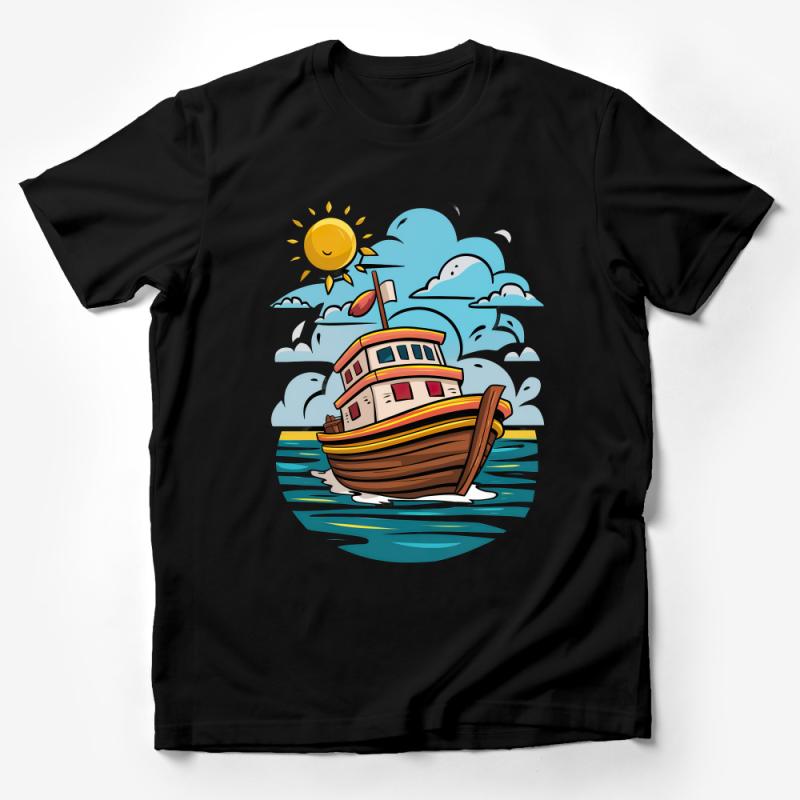 Nautical Boat T-Shirt, Vintage Style Ocean Vessel Tee, Sun and Waves Graphic Shirt, Casual Sea Lover Top, Unisex Clothing Gift Male T-Shirt