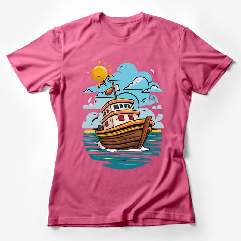 Nautical Boat T-Shirt, Vintage Style Ocean Vessel Tee, Sun and Waves Graphic Shirt, Casual Sea Lover Top, Unisex Clothing Gift Female T-Shirt