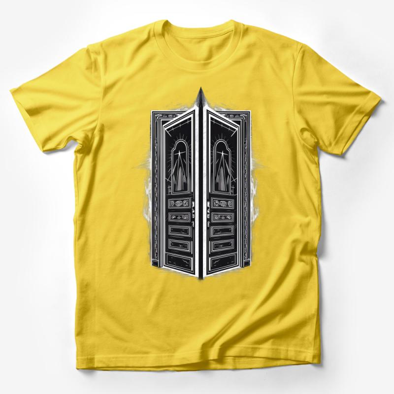 Unisex Graphic Tee with Abstract Door Design, Black and White Art Print, Casual Streetwear, Trendy T-Shirt for All Male T-Shirt