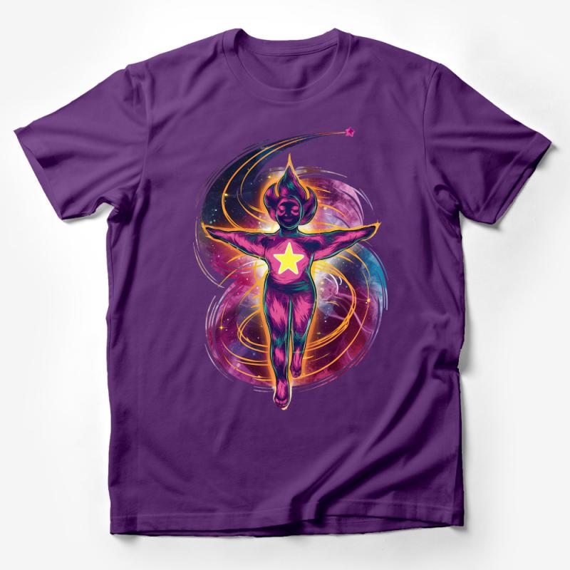 Cosmic Yoga Pose Star Centered Vibrant Artwork T-Shirt, Unisex Space Galaxy Design Tee for Meditation Male T-Shirt