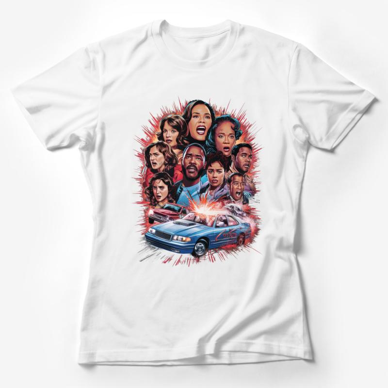 Graphic Tee with Action Heroes and Retro Car, Colorful Vintage Design Shirt Female T-Shirt