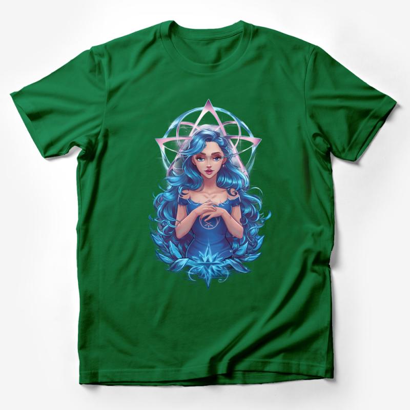 Mystical Fantasy Art T-Shirt, Blue-Haired Woman, Celestial Stars Design, Magic Enthusiast Apparel, Unique Graphic Tee, Gift for Fantasy Lovers Male T-Shirt