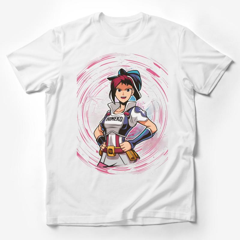 Bold Anime Warrior Girl Artwork T-Shirt, Vibrant Traditional Costume Design Tee, Striking Manga Character Fashion Top Male T-Shirt