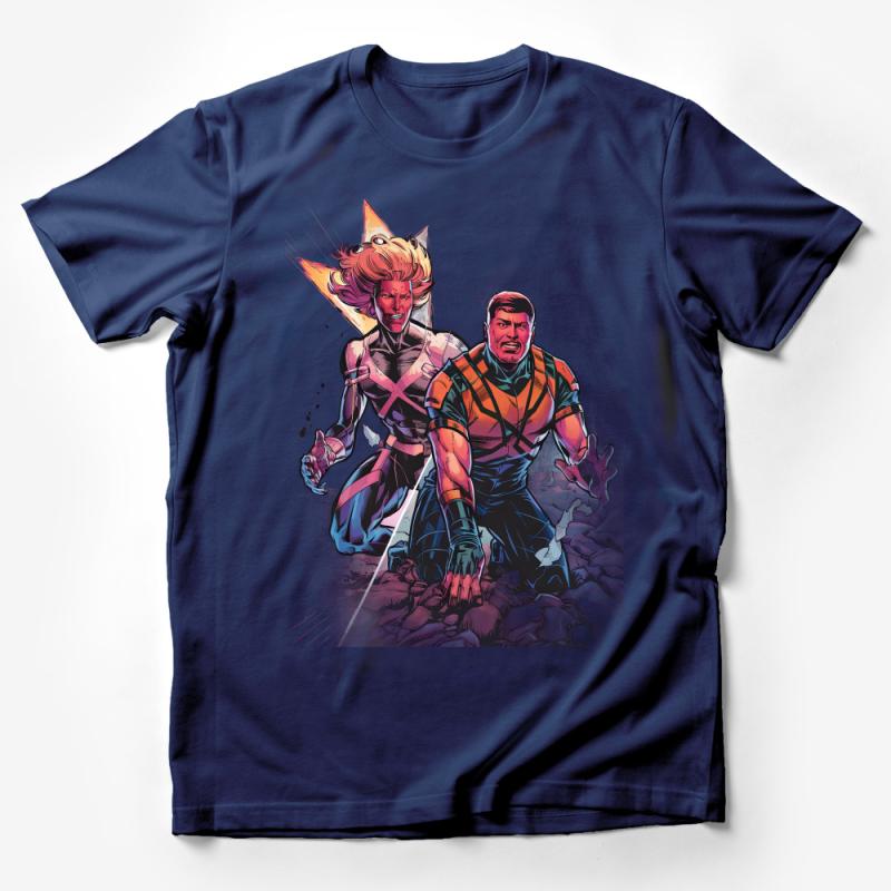 Dynamic Superhero Duo Bursting Through Barriers Graphic T-Shirt Design Male T-Shirt