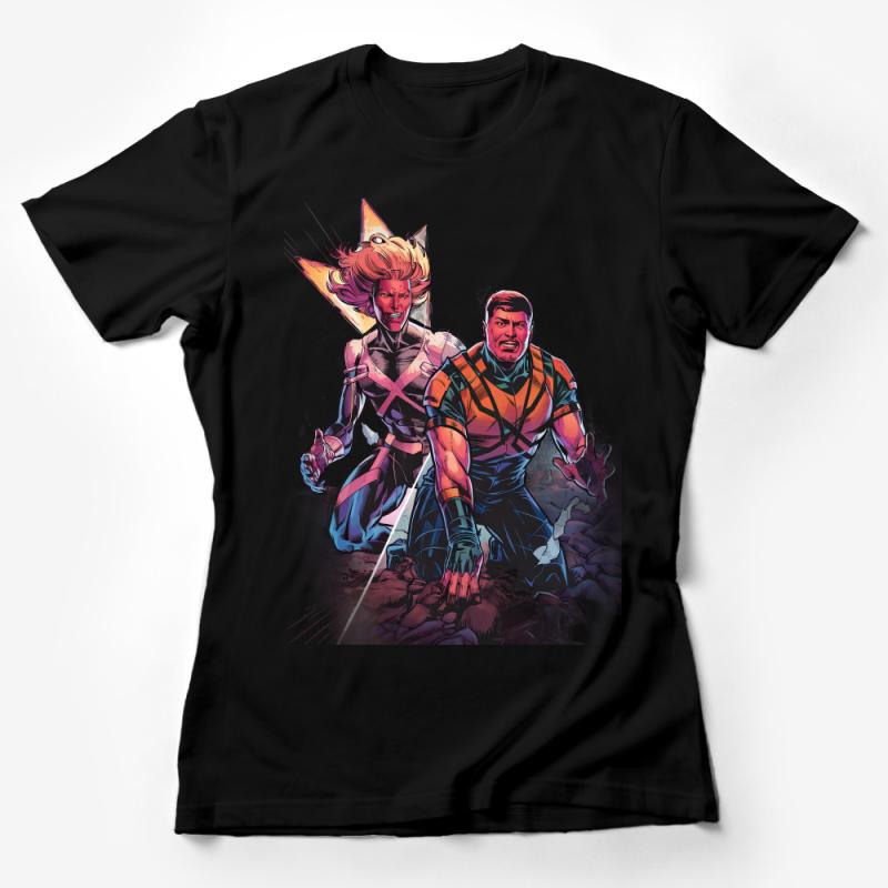 Dynamic Superhero Duo Bursting Through Barriers Graphic T-Shirt Design Female T-Shirt