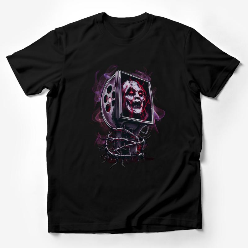 Gothic Skull Film Reel T-Shirt, Dark Fantasy Horror Cinematic Graphic Tee, Unique Unisex Fashion, Artist Designed Apparel Male T-Shirt