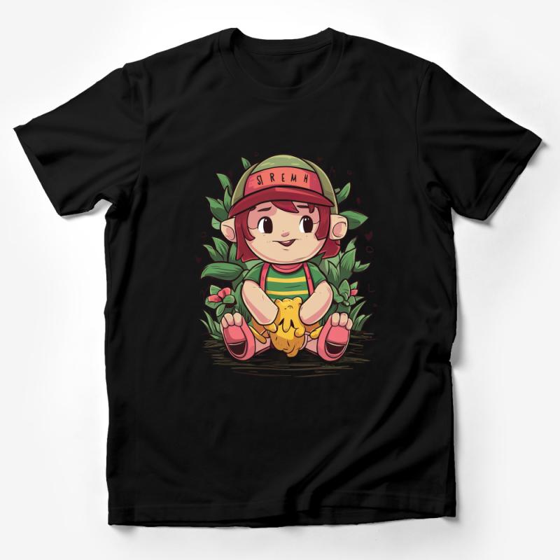 Cute Cartoon Forest Creature T-Shirt with Greenery and Animal Friend Male T-Shirt