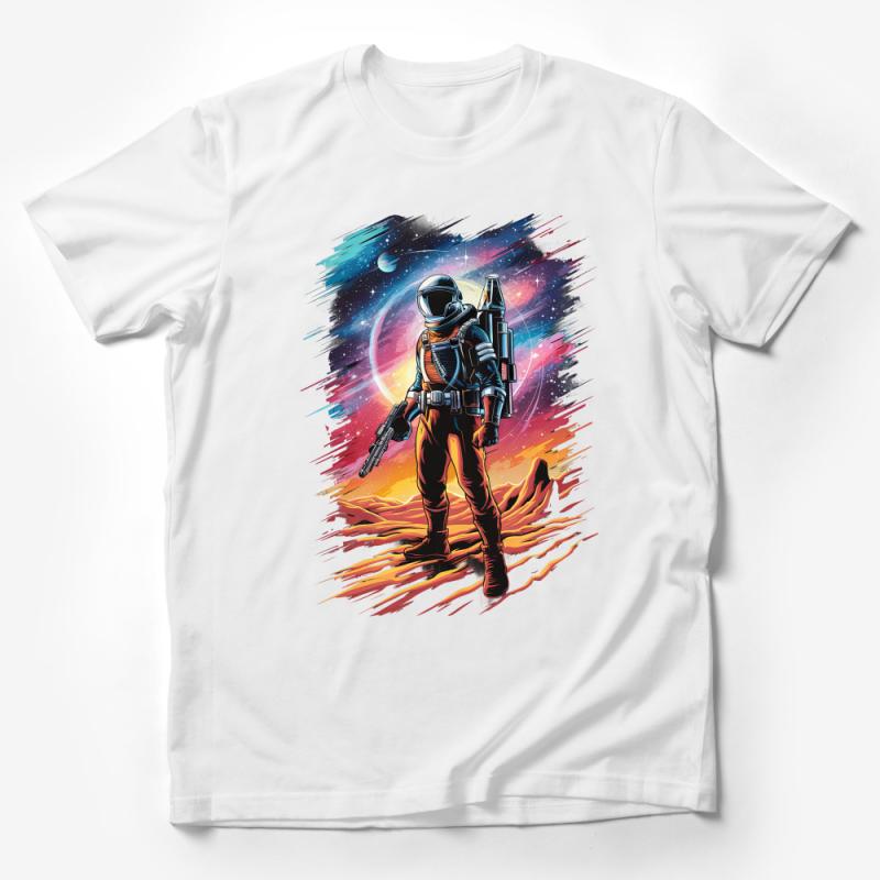 Space Explorer Graphic Tee, Astronaut with Rocket, Sci-Fi Art Shirt, Cosmic Adventure, Unisex T-Shirt for All Ages Male T-Shirt