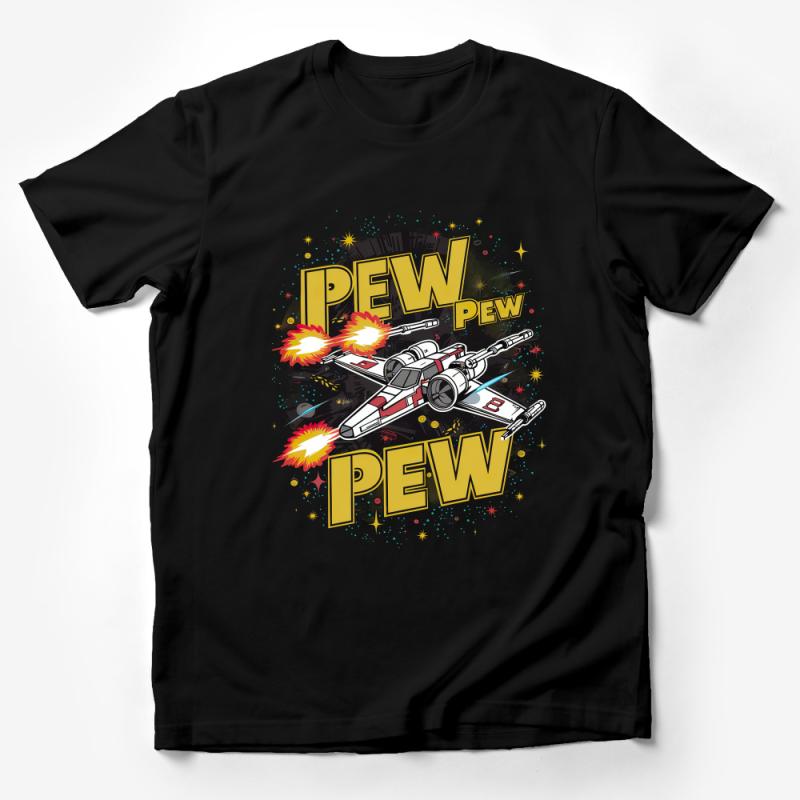 Pew Pew Space Fighter T-Shirt, Retro Sci-Fi Starship Tee, Geek Graphic Shirt, Unisex Comic Style Apparel Male T-Shirt