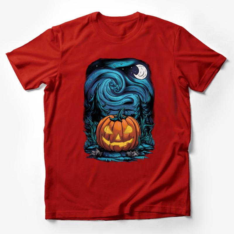 Halloween Pumpkin T-Shirt, Spooky Jack-O-Lantern Tee, Unisex Graphic Shirt, Creepy Night Scene Top, Autumn Wear, Casual Fall Fashion Male T-Shirt