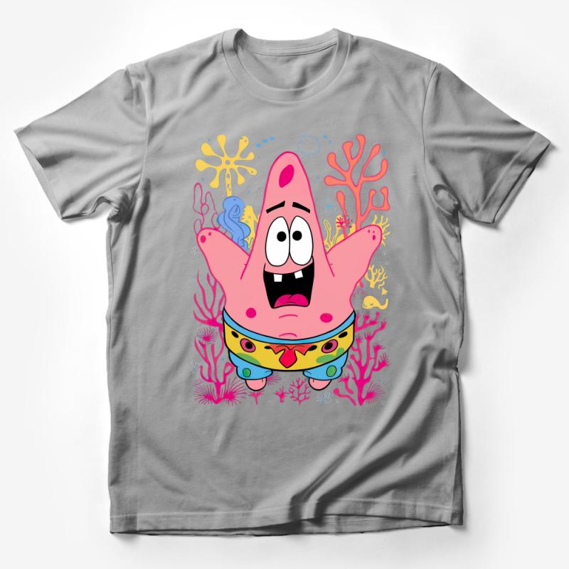 Cartoon Starfish Pink T-Shirt, Underwater Theme Graphic Tee, Cute Ocean Character Apparel, Fun Casual Wear for All Ages, Unisex Male T-Shirt