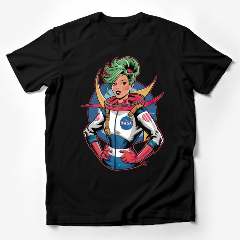 Futuristic Astronaut with Green Hair and NASA Suit Graphic T-Shirt, Space Explorer Tee, Sci-Fi Clothing, Unisex Male T-Shirt