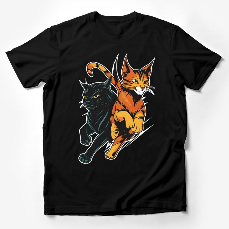 Fierce Feline Duo Graphic Tee, Black and Orange Cats T-Shirt, Unisex Cat Lovers Clothing, Casual Wear Male T-Shirt