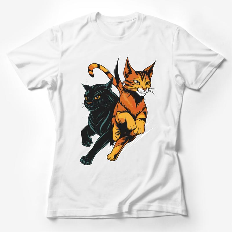 Fierce Feline Duo Graphic Tee, Black and Orange Cats T-Shirt, Unisex Cat Lovers Clothing, Casual Wear Female T-Shirt