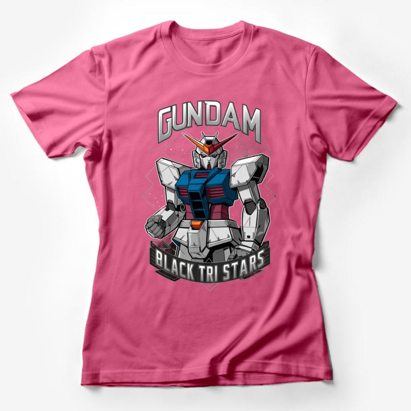 Gundam Inspired Robot T-Shirt, Black Tri Stars Graphic Tee, Anime Mecha Fan Apparel, Unisex Casual Clothing Female T-Shirt