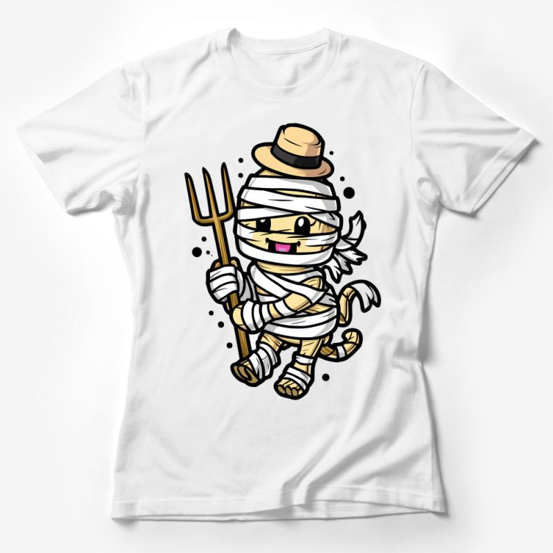 Cute Cartoon Mummy Cat with Hat and Pitchfork, Funny Halloween T-Shirt Female T-Shirt