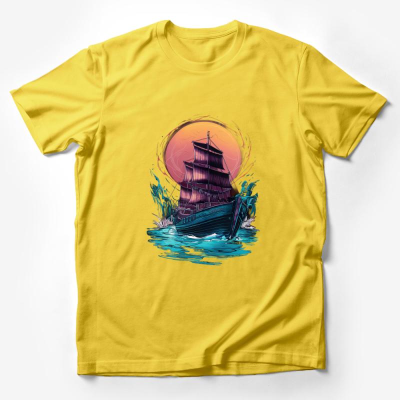 Nautical Adventure Sunset Ship Illustration Graphic Tee, Ocean Explorer Sailing T-Shirt Design Male T-Shirt