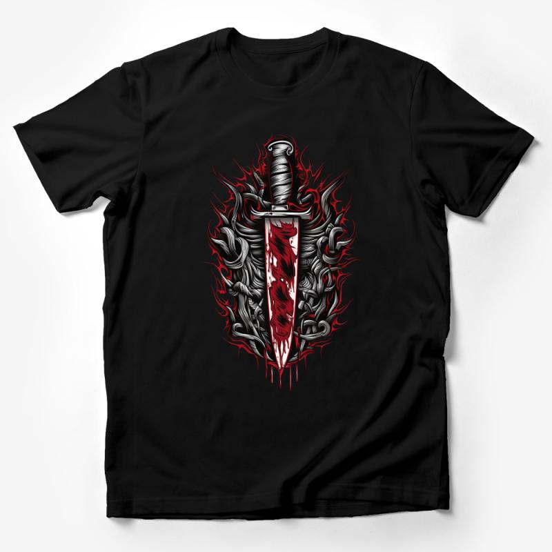 Unique Gothic Dagger Graphic Tee, Men's Red and Black T-Shirt, Cool Fire Sword Design, Edgy Urban Streetwear, Gift for Him Male T-Shirt