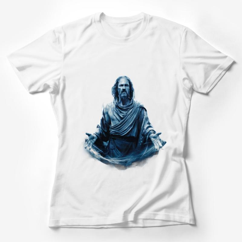 Mystical Blue Wizard Graphic Tee, Enchanting Sorcerer in Robes T-Shirt, Magical Fantasy Art Clothing Female T-Shirt