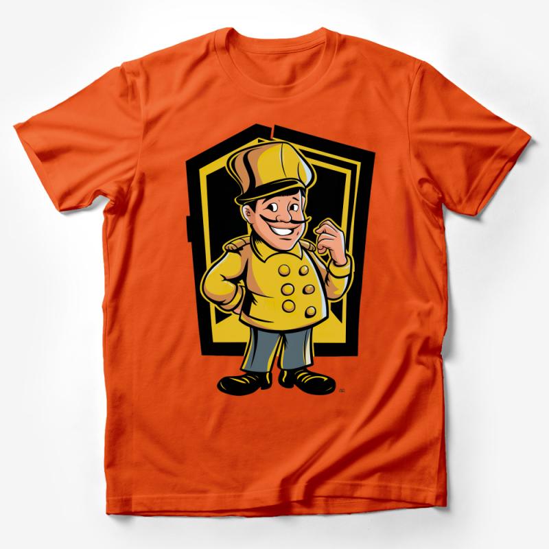 Cartoon Firefighter Graphic Tee, Yellow Fireman Fun Shirt, Unisex Adult Casual Wear, Bold Character Illustration Apparel Male T-Shirt