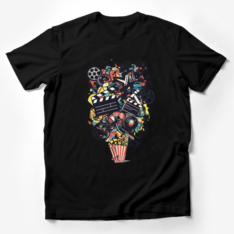 Colorful Cinematic Delight T-Shirt, Movie Lovers Tee with Film Elements, Popcorn and Clapperboard Design Male T-Shirt