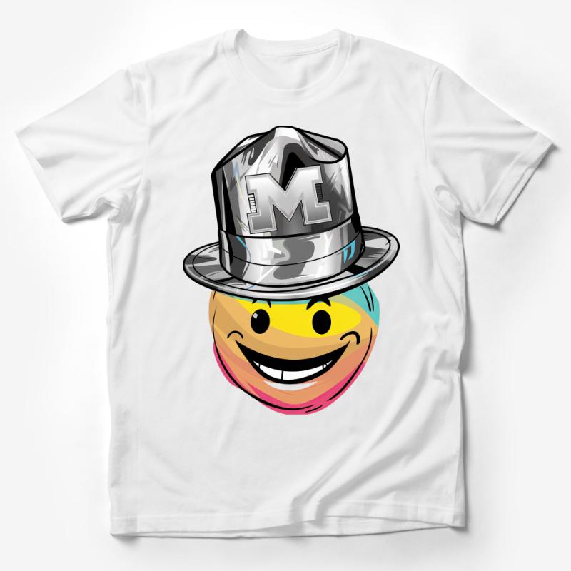 Stylish Smiley Face with Monogrammed Hat, Colorful Graphic Tee for All Ages Male T-Shirt