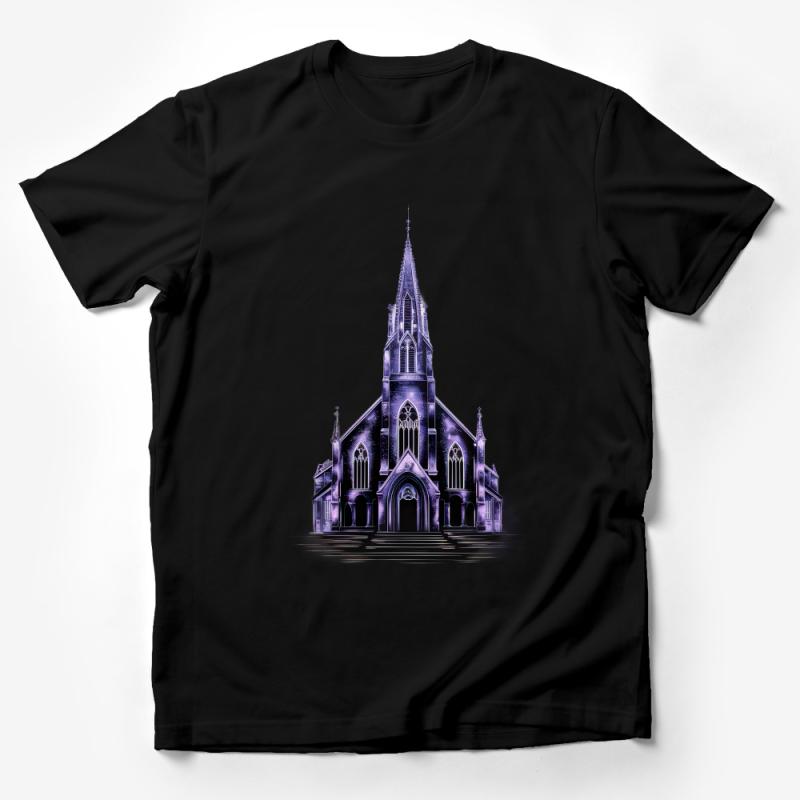 Gothic Cathedral Graphic Tee, Unisex Church Art T-Shirt, Purple Architectural Design Shirt, Casual Wear for Men and Women Male T-Shirt