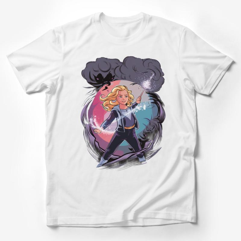 Magical Girl Hero with Wand and Elemental Powers Graphic Tee Male T-Shirt