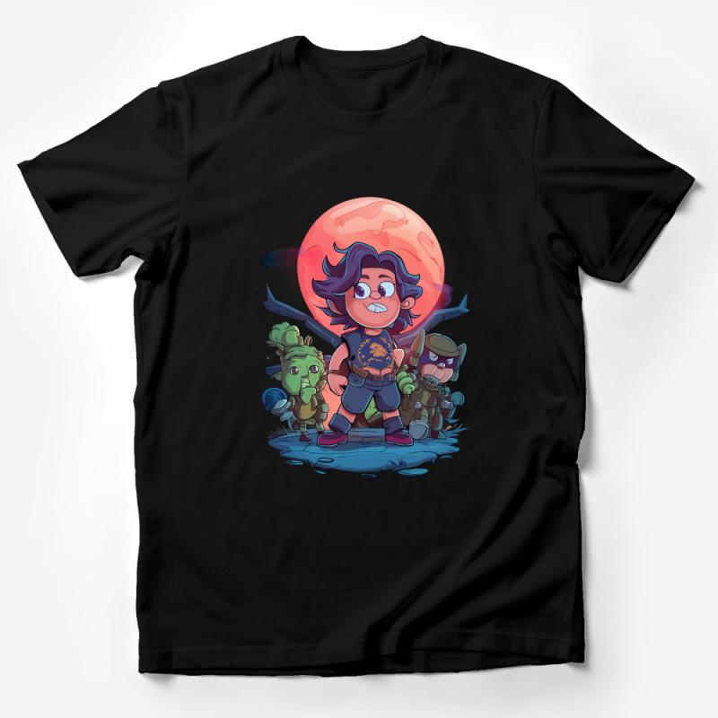 Adventure Cartoon Fantasy Trio T-Shirt, Colorful Heroes with Epic Background Male T-Shirt