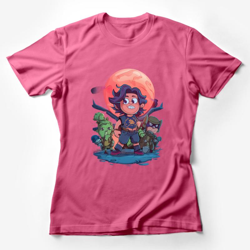 Adventure Cartoon Fantasy Trio T-Shirt, Colorful Heroes with Epic Background Female T-Shirt