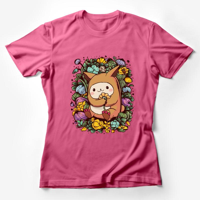 Whimsical Cute Animal in Garden, Floral Creatures Tee, Unisex Nature-Inspired T-Shirt Design Female T-Shirt