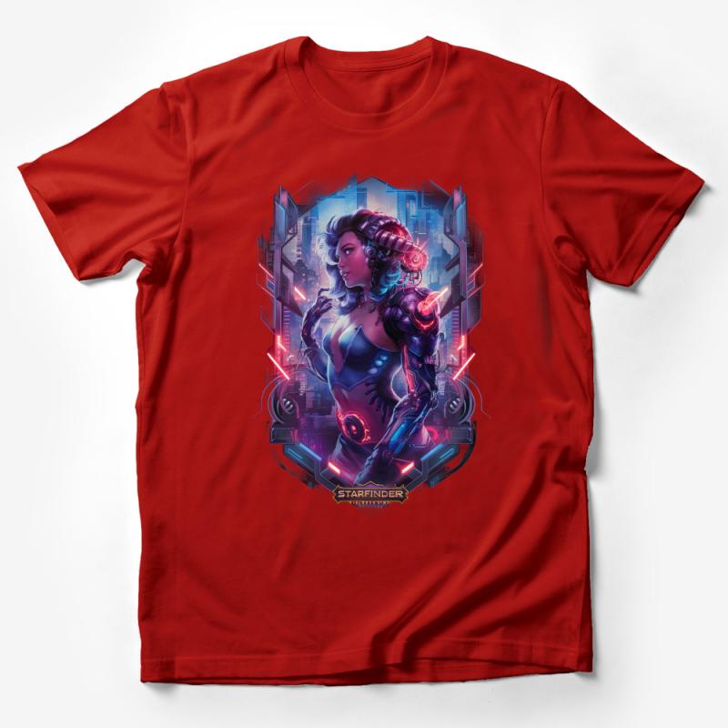 Cyberpunk Sci-Fi Art T-Shirt, Futuristic Space Warrior Graphic Tee, Unisex Adult Fashion, Cool Neon Tech Illustration Clothing Male T-Shirt