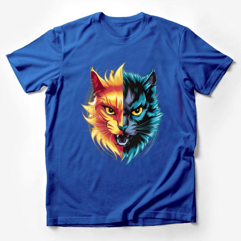 Unique Fire and Ice Cat Graphic T-Shirt, Cool Feline Art Tee, Unisex Split Design Cat Lover Shirt, Gift for Pet Owners Male T-Shirt