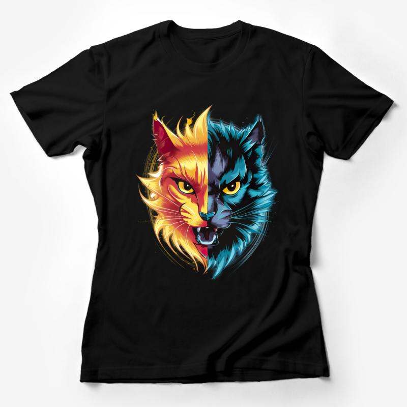 Unique Fire and Ice Cat Graphic T-Shirt, Cool Feline Art Tee, Unisex Split Design Cat Lover Shirt, Gift for Pet Owners Female T-Shirt