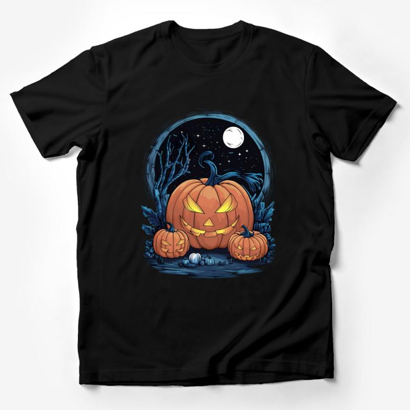 Spooky Night Pumpkin Trio Halloween T-Shirt, Full Moon Scary Scene Graphic Tee, Unique Fall October Apparel Male T-Shirt