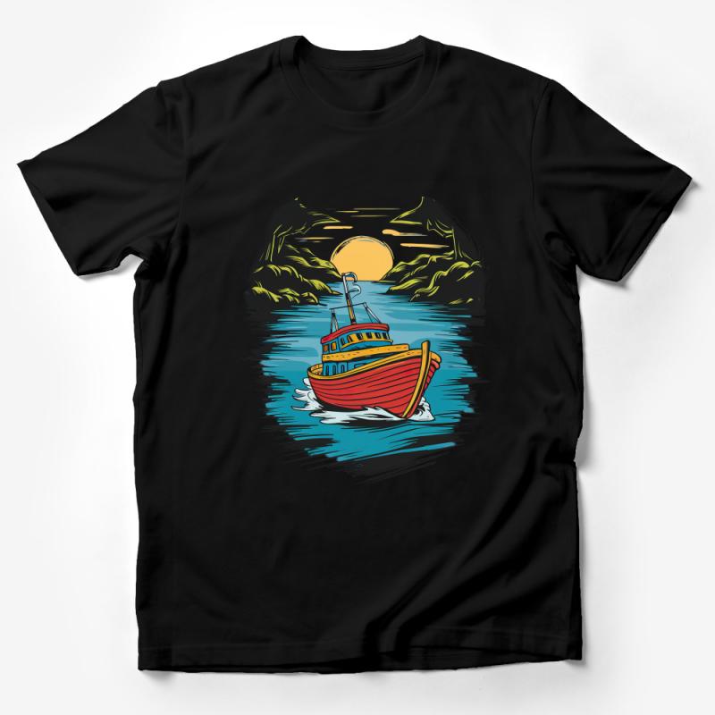 Vintage Fishing Boat T-Shirt, Nautical Ocean Sunset Tee, Graphic Sea Adventure Shirt, Unisex Summer Clothing Male T-Shirt