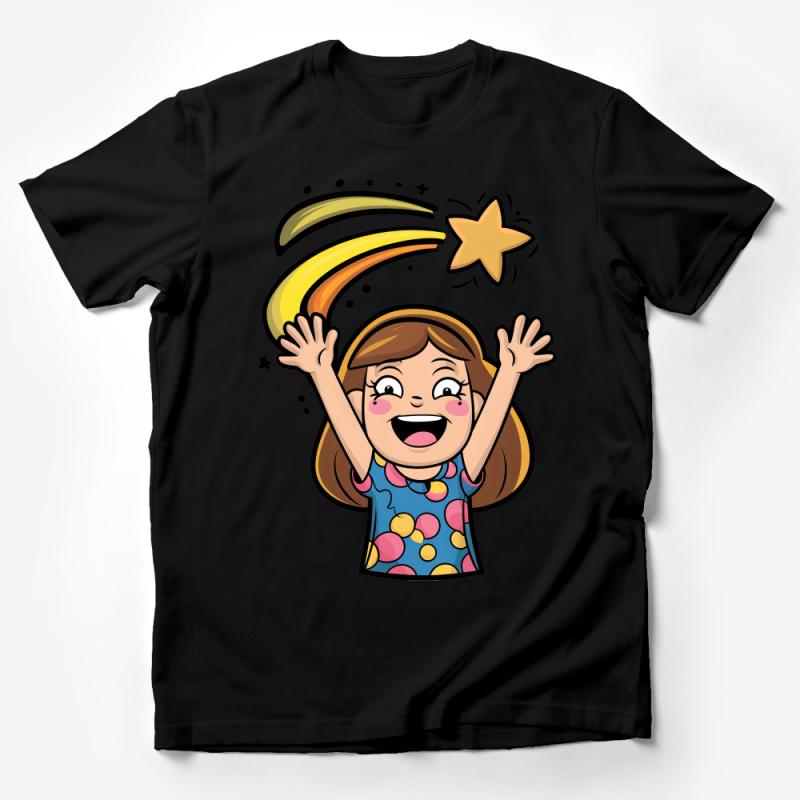 Kids Colorful Fun Cartoon T-Shirt, Joyful Girl with Shooting Star Graphic, Unisex Children's Clothing Male T-Shirt