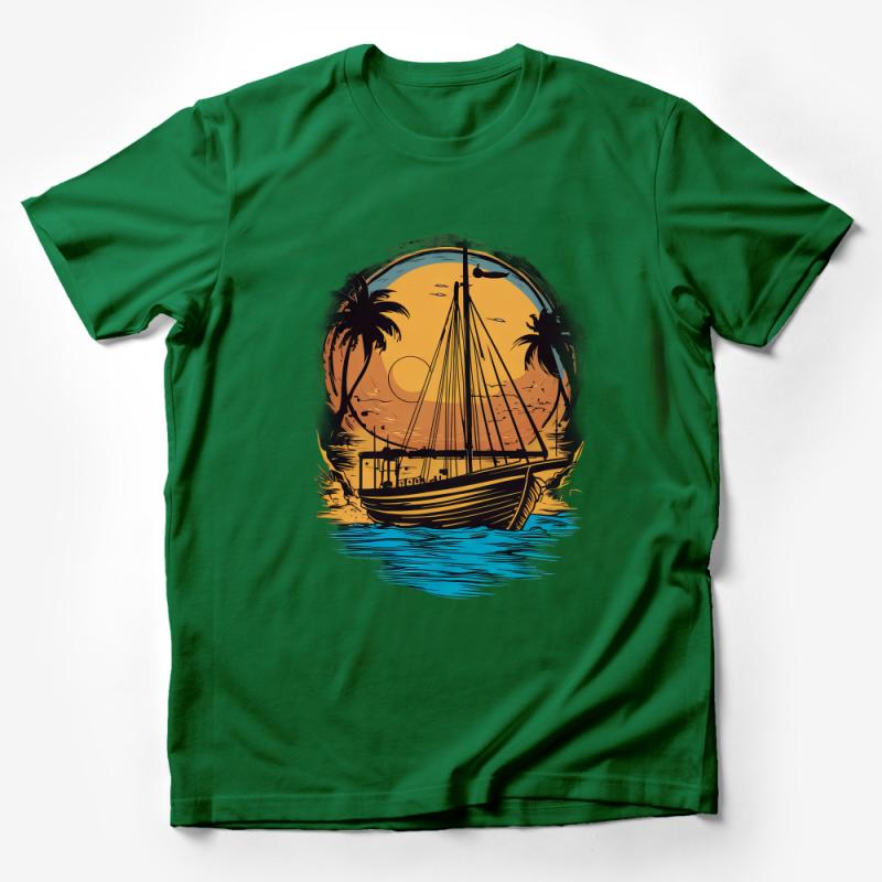 Tropical Sunset Sailboat T-Shirt, Graphic Tee with Palm Trees and Ocean, Beach Lover Apparel, Unisex Male T-Shirt