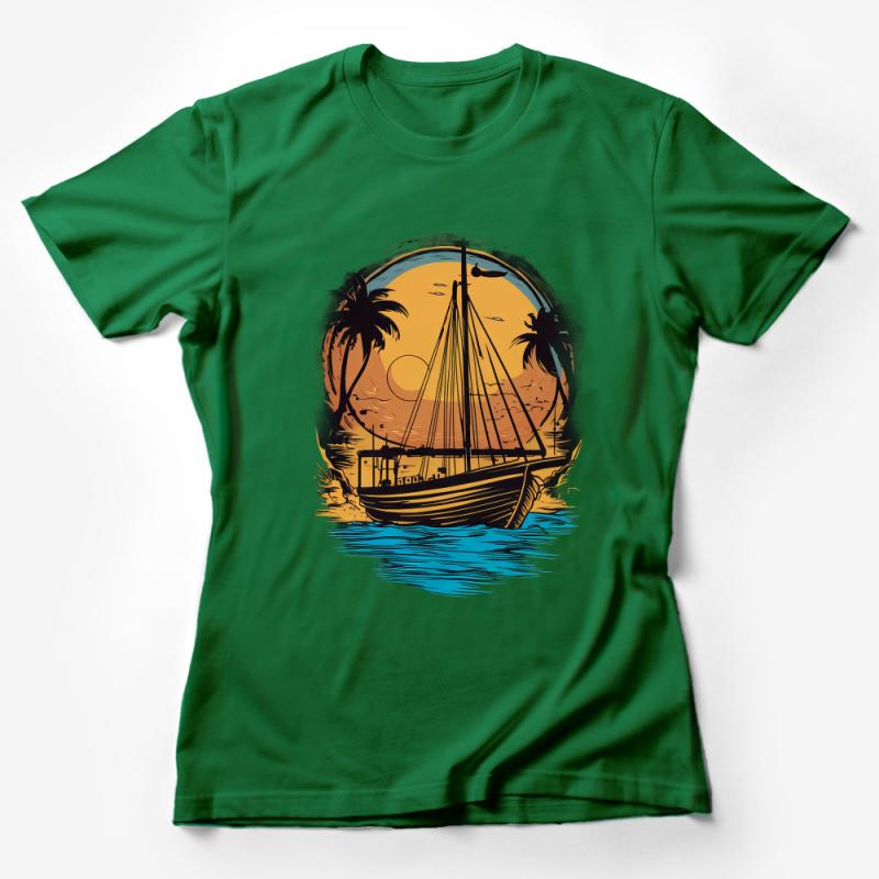 Tropical Sunset Sailboat T-Shirt, Graphic Tee with Palm Trees and Ocean, Beach Lover Apparel, Unisex Female T-Shirt