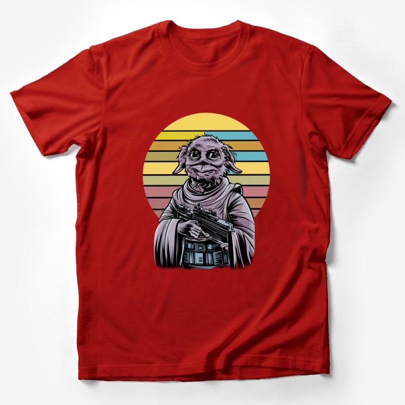 Sci-Fi Creature T-Shirt, Retro Striped Background, Cartoon Alien Graphic Tee, Unisex Casual Wear, Gift for Movie Fans, Vintage Look Male T-Shirt