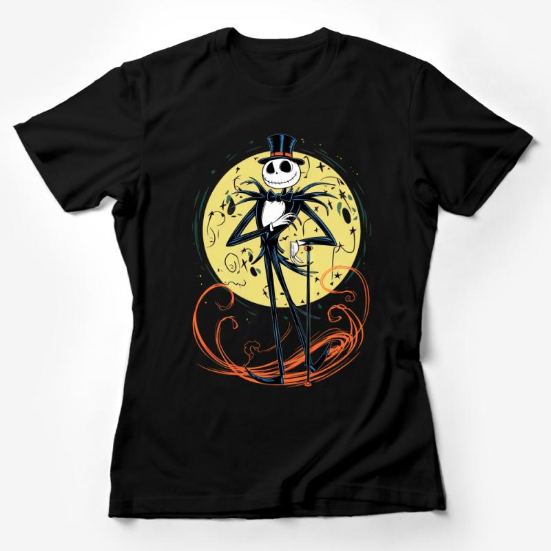 Whimsical Skeleton Character T-Shirt, Stylish Cartoon Spooky Apparel, Unique Halloween Graphic Tee, Gift for Animation Fans Female T-Shirt