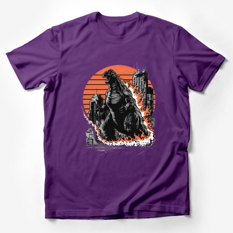 Godzilla Inspired Graphic T-Shirt, Vintage Monster Cityscape Tee, Urban Roar Sunset Shirt, Cool Movie Fan Apparel Male T-Shirt