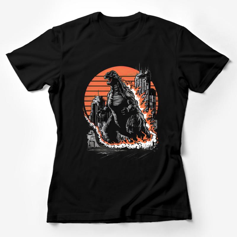 Godzilla Inspired Graphic T-Shirt, Vintage Monster Cityscape Tee, Urban Roar Sunset Shirt, Cool Movie Fan Apparel Female T-Shirt