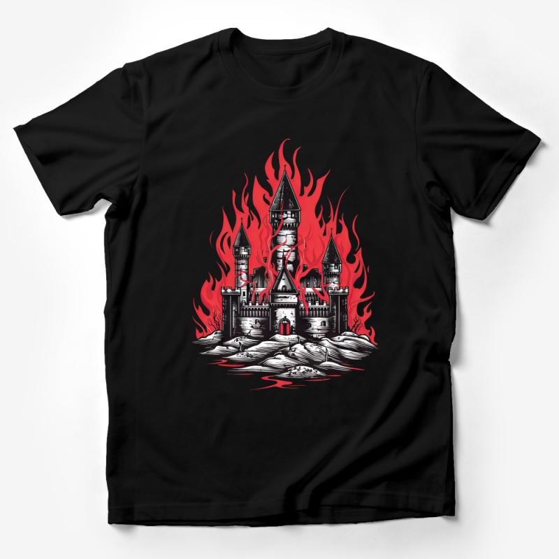 Gothic Castle Fire Graphic Tee, Medieval Fantasy T-Shirt, Unisex Fire Castle Shirt, Red Flame Illustration Top, Unique Fantasy Apparel Male T-Shirt