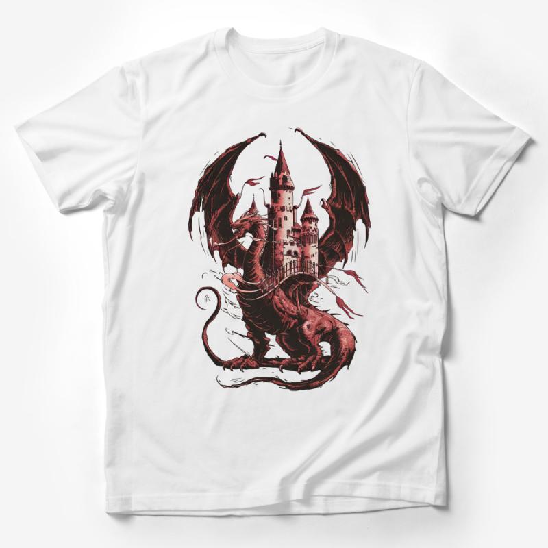 Fantasy Dragon Castle T-Shirt, Mythical Creature Graphic Tee, Unisex Adult Clothing, Gothic Style Dragon Shirt, Gift Idea Male T-Shirt