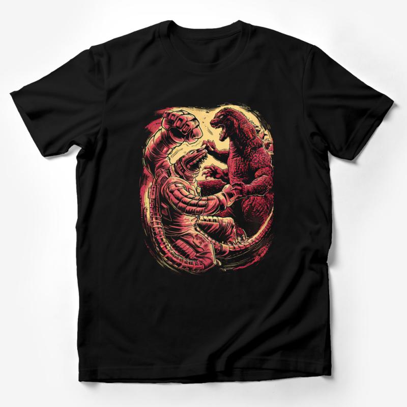 Vintage Monster Battle Graphic Tee, Retro Kaiju vs. Robot Fight Shirt, Unique Sci-Fi Illustration, Unisex T-Shirt Design Male T-Shirt