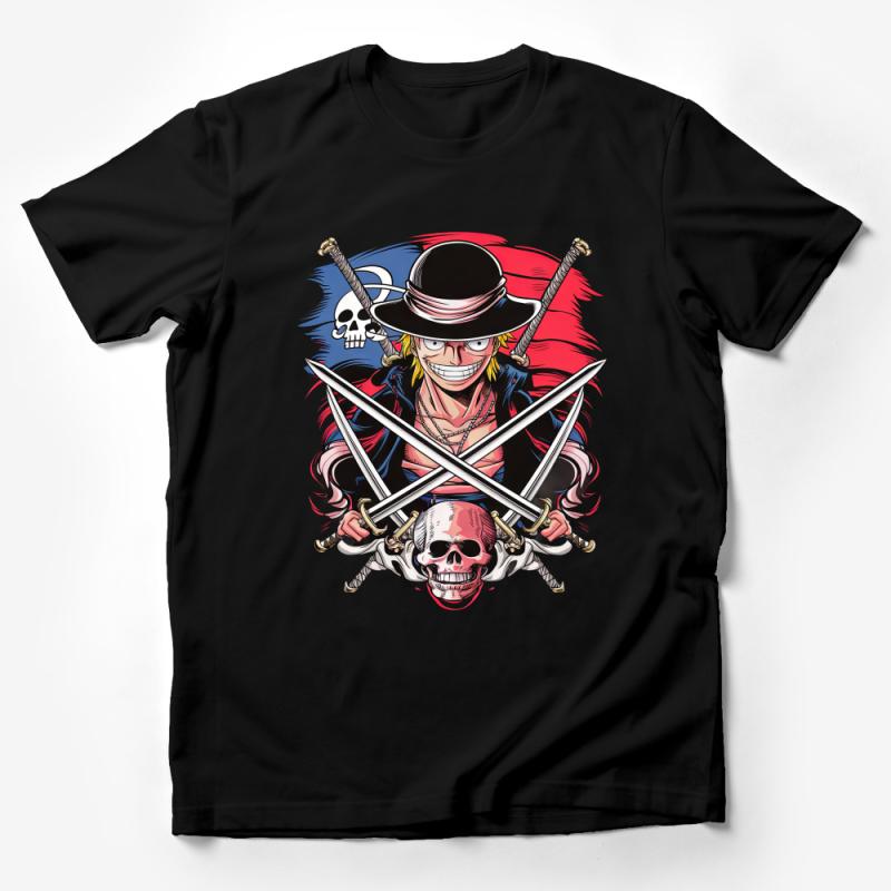 Anime Pirate Graphic Tee, Skull and Crossbones, Bold Colorful Unisex T-Shirt, Casual Manga-Inspired Apparel, Unique Illustration Shirt Male T-Shirt