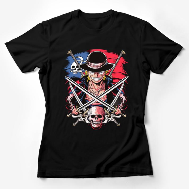 Anime Pirate Graphic Tee, Skull and Crossbones, Bold Colorful Unisex T-Shirt, Casual Manga-Inspired Apparel, Unique Illustration Shirt Female T-Shirt