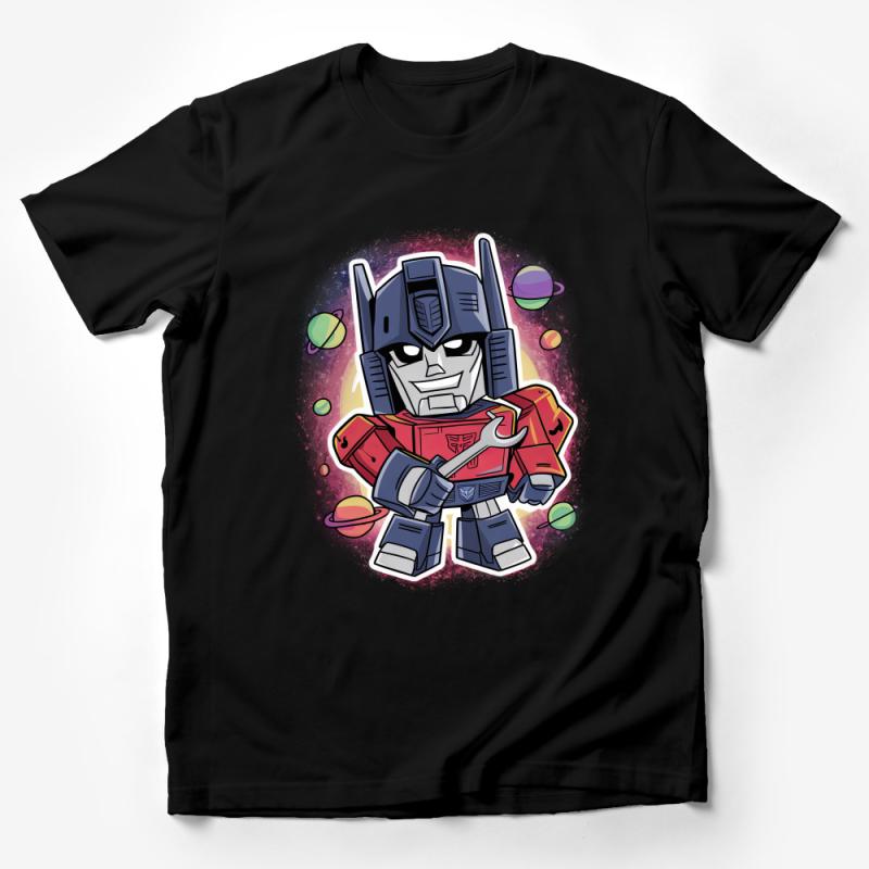 Retro Robot Hero T-Shirt, Vintage Sci-Fi Cartoon Character Tee, Colorful Space Design, Casual Wear Male T-Shirt