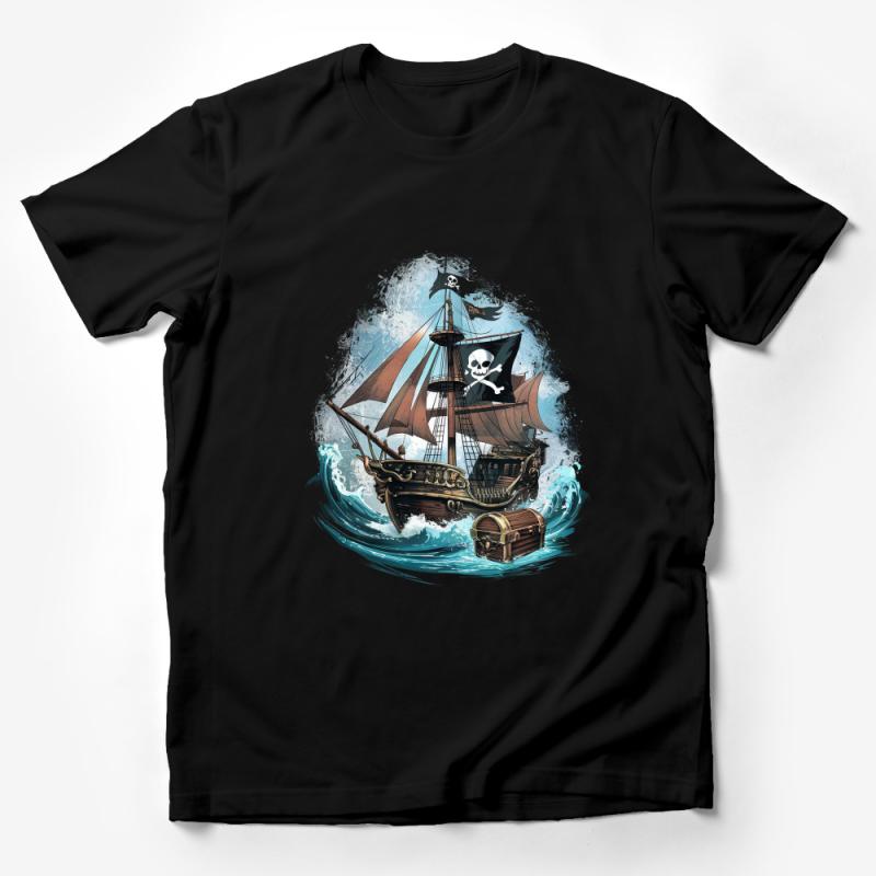 Pirate Ship Graphic T-Shirt, Nautical Adventure Tee, Sea Wave and Treasure Chest, Unisex Casual Wear, Artistic Clothing, Unique Gift Idea Male T-Shirt